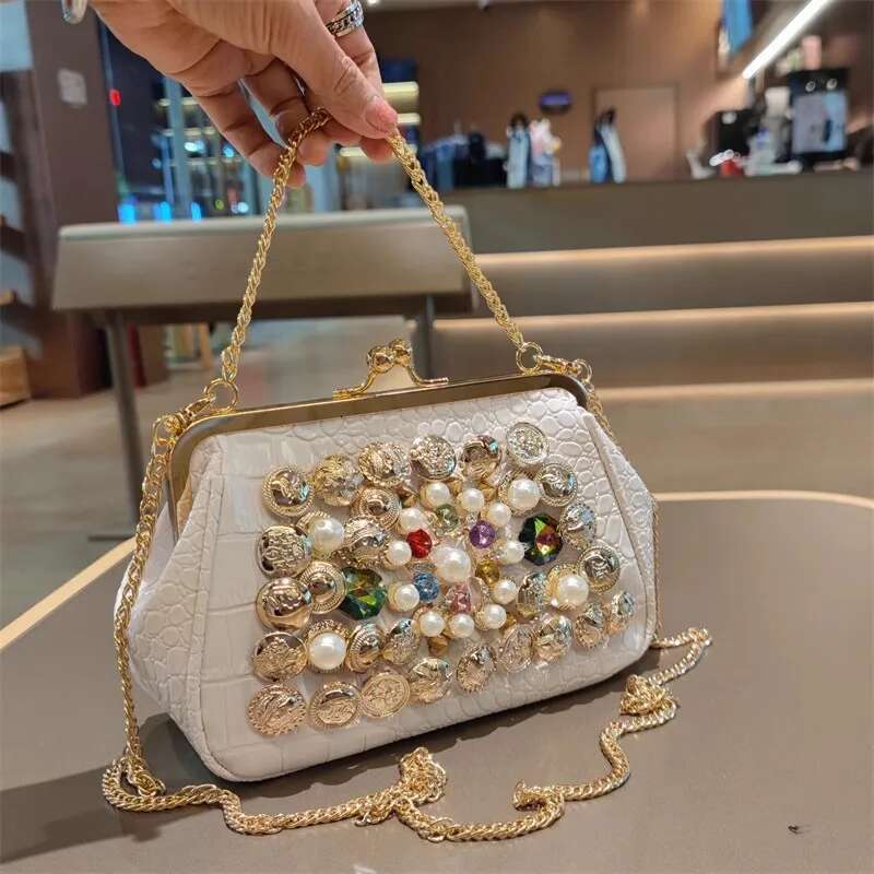 Spring and summer metal frame color pearl rhinestone crystal handbag banquet dress one-shoulder cross-body chain women's bag