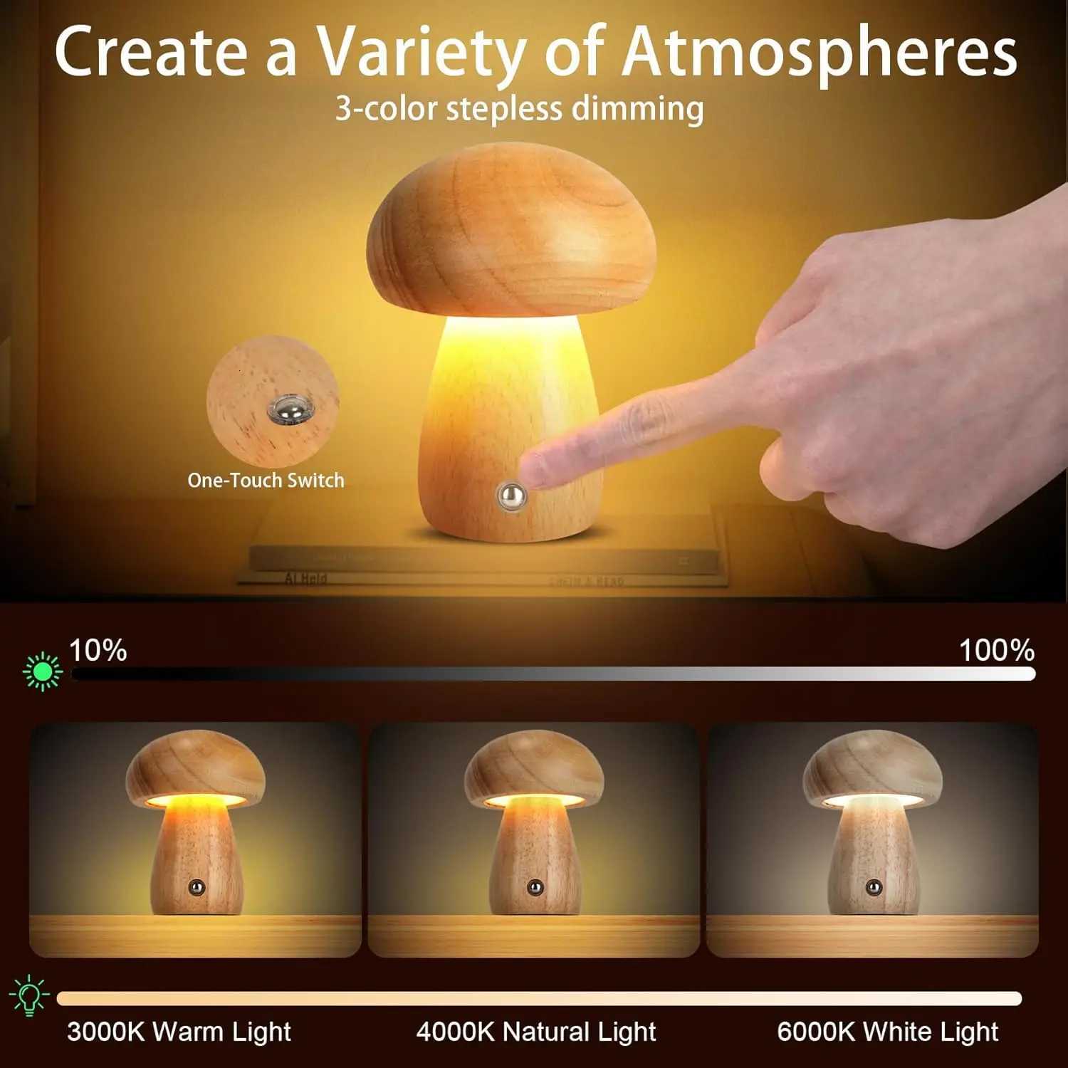 Wooden Mushroom Lamp Portable Cordless Rechargeable Battery Operated LampStepless Dimming Night Light for Birthday GiftsM251125