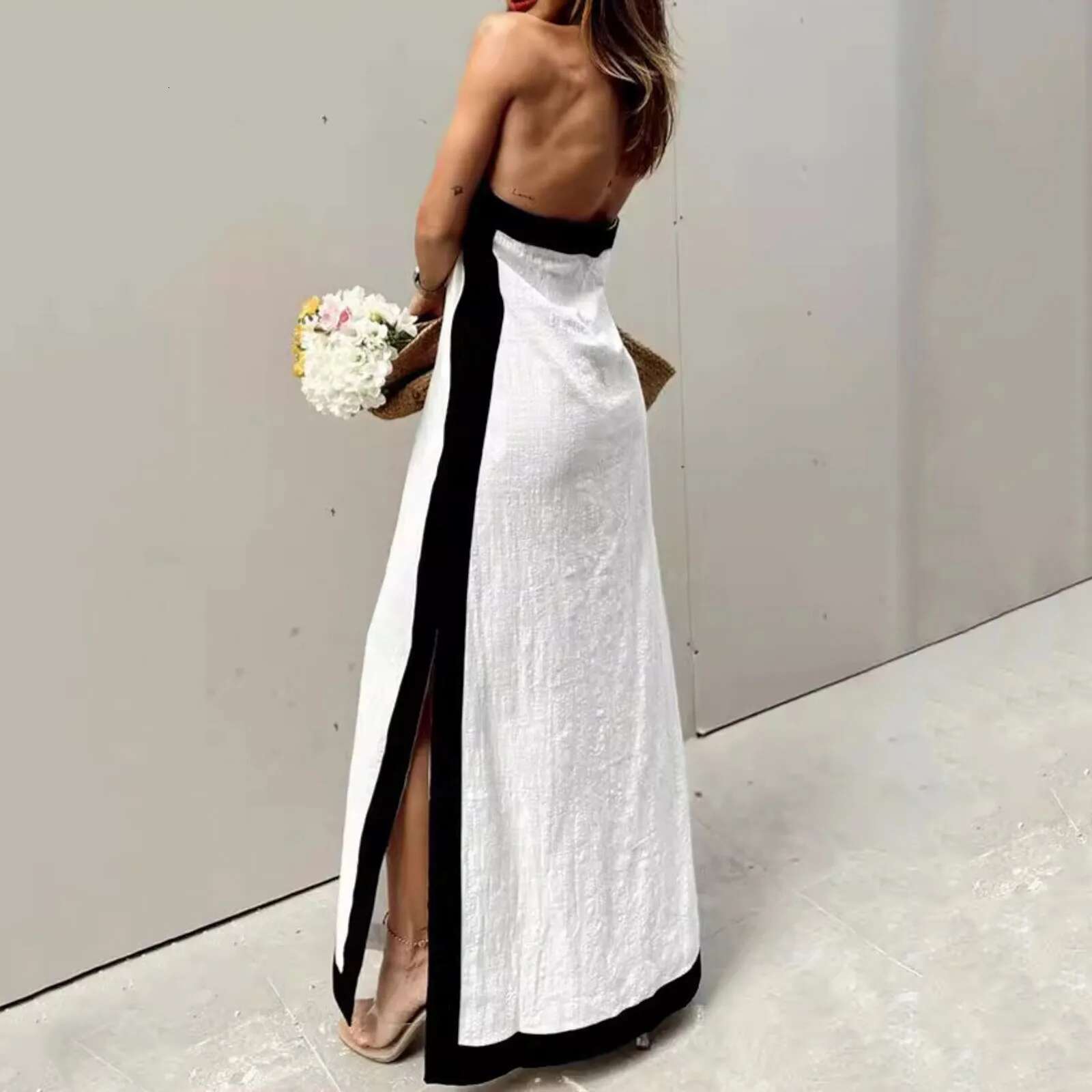 Dongdumaoyi Women V Neck Cut Out Sling Maxi Dresses Fashion Stripe Backless Loose Hem Long Dress Elegant Summer Casual Office Outfits
