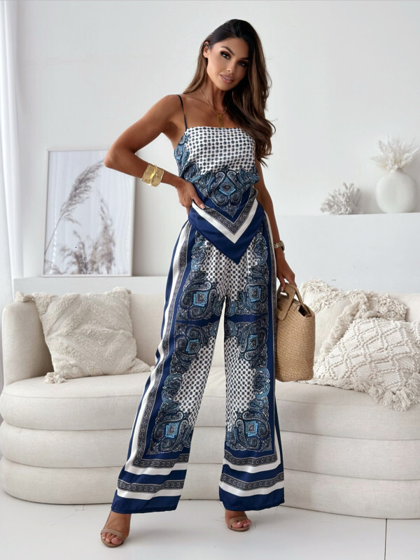 2024 New Fashion Printed Strap Wrap Chest+Positioning Flower Pants Set for Womens Wear