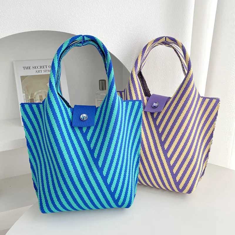 New striped knitted mini handbag womens casual shoulder bag student handbag retro commuting bucket money bag 28x18cm W250421