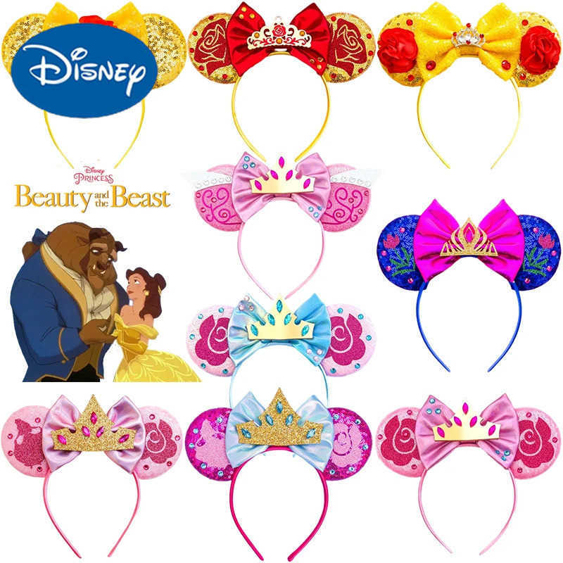 Disney Beauty and Beast Hair Accessories Womens Enchanting Rose Ears Headband Girl Bell Princess Crown Bow Hair Childrens Gift X250425