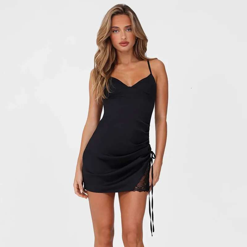 Dongdumaoyi Townlike Drawstring Slim Bodycon Dress Women Spaghetti Strap Mini Spring Summer Backless Nightclub Sexy Party Dresses