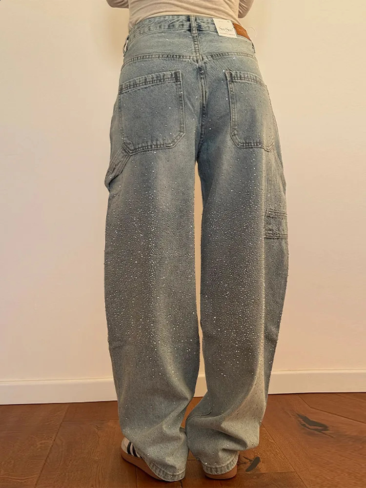 Fashion Rhinestone womens jeans Y2k street oversized loose shiny womens wide leg pants spring/summer womens denim shorts 250422