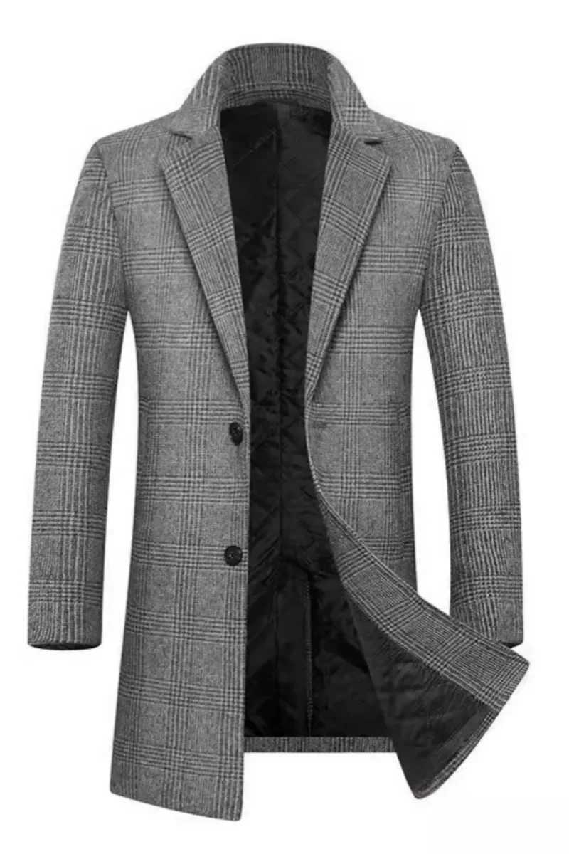 Autumn Winter Men Classical Plaid Cashmere Tweed Woolen Coat Gray Camel Plaid Pattern Cotton Blended Overcoat Male OutfitsT251125