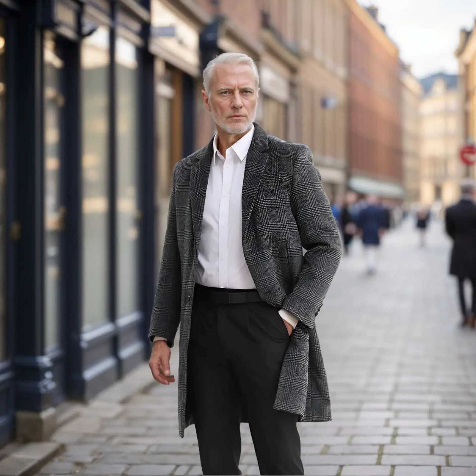 Autumn Winter Men Classical Plaid Cashmere Tweed Woolen Coat Gray Camel Plaid Pattern Cotton Blended Overcoat Male OutfitsT251125