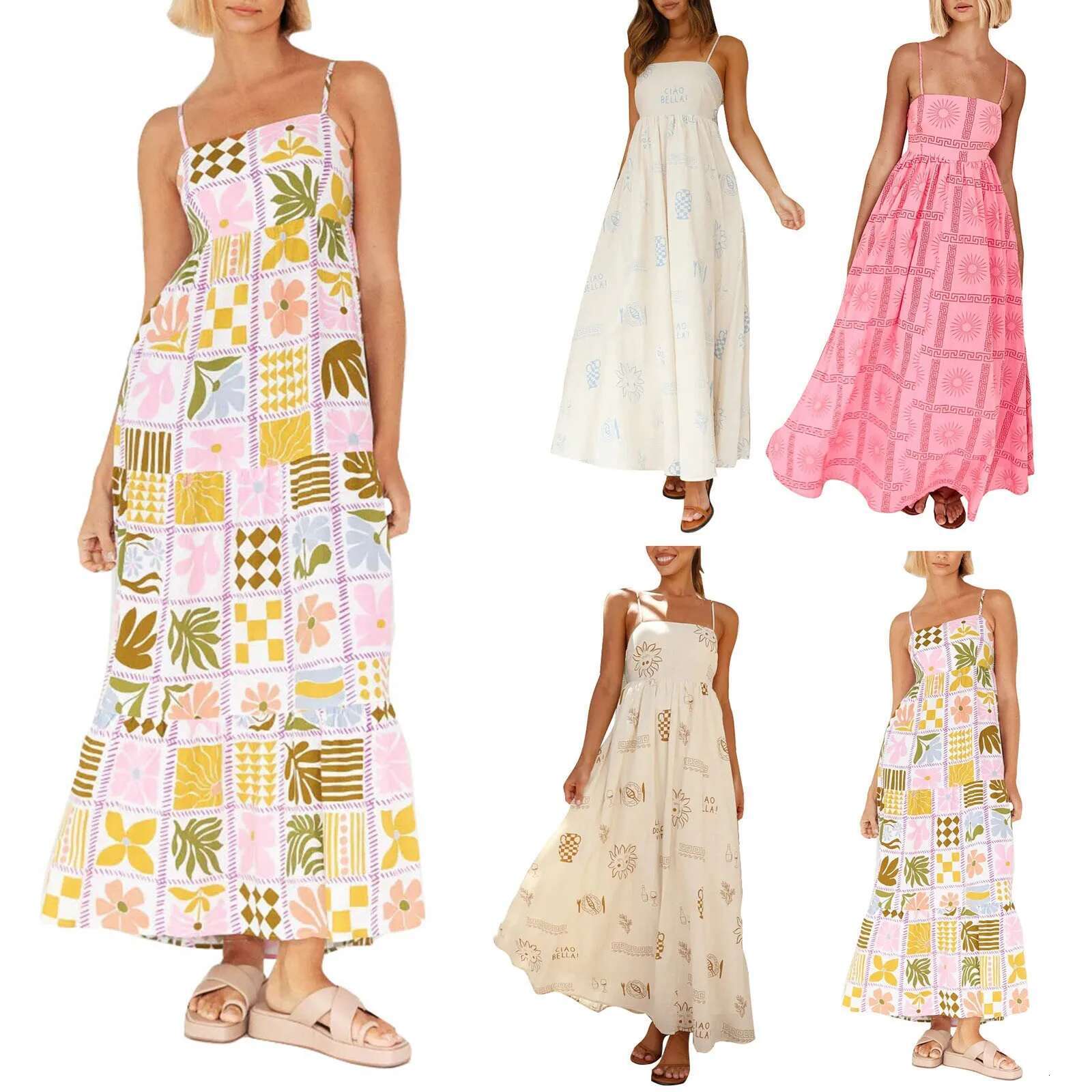 Dongdumaoyi Women High Waist Holiday Evening Dresses Print Strap Dress Sleeveless Backless Female Striped Flower Elegant A Line Lady Robe