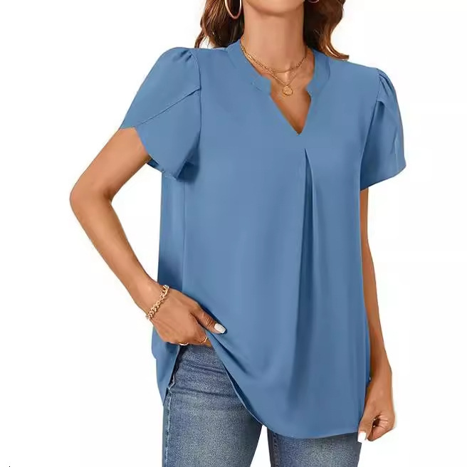 2024 summer simple and fashionable V-neck petal sleeve shirt for women