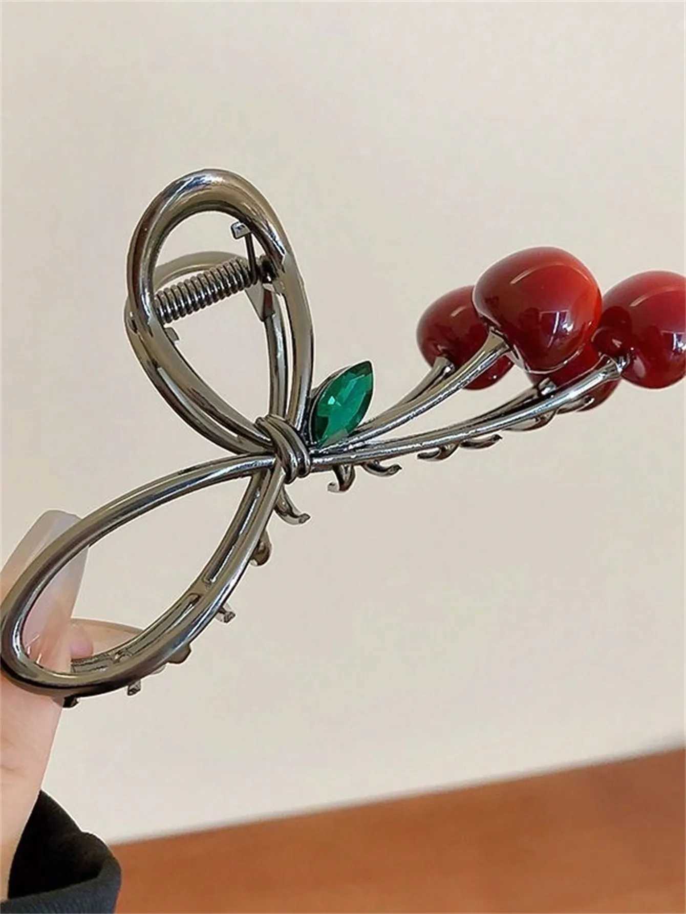 Home>Products>Hair Claw Womens New Green Leaf Bow Cherry Design Hair Claw Rear Advanced Hairstyle Shark Clip Hair AccessoriesT250425