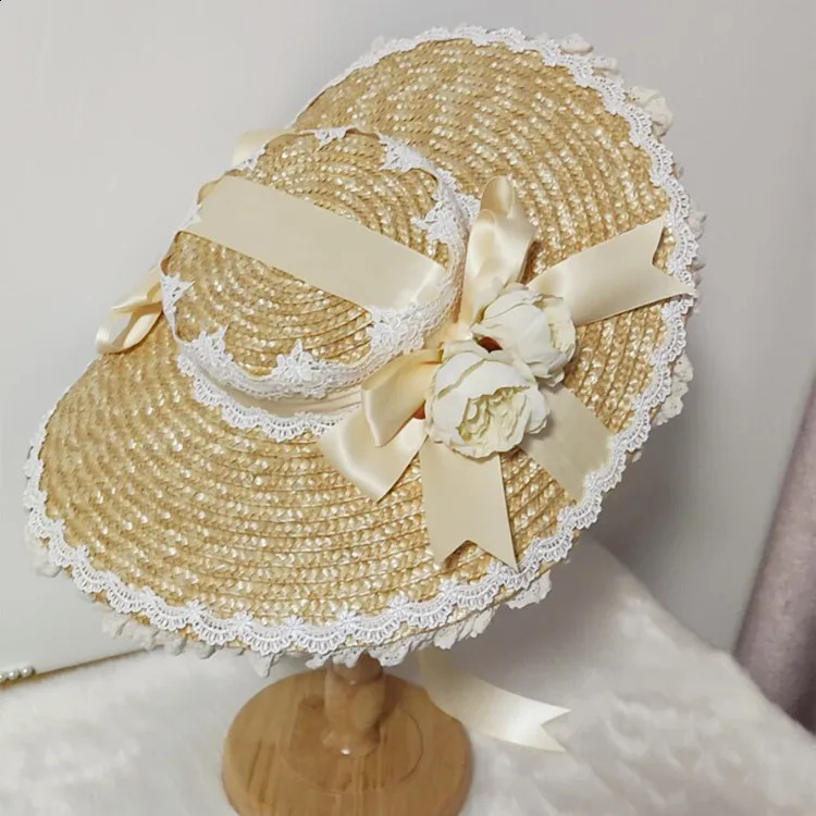 Vintage French Victorian Sweet Elegant Lolita straw Flat Top Hat Sweet Female Straw hat Rose Bow Bandge Sunhat 250420