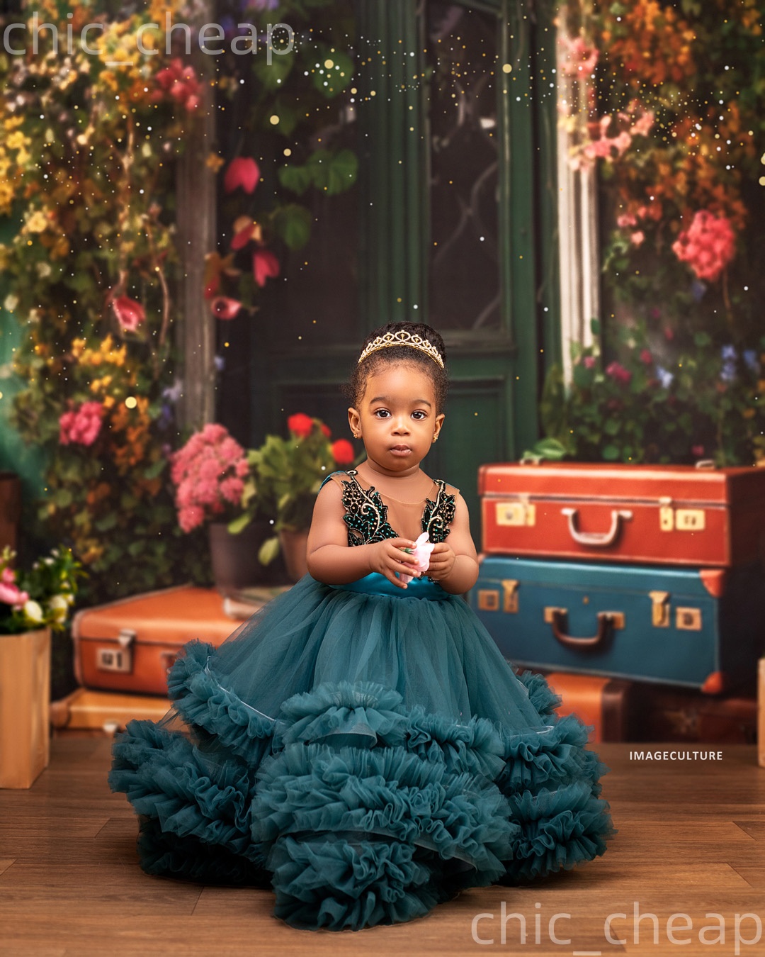 2026 Hunter Green Ball Gown Flower Girl Dresses Sheer Neck Applique Tulle Little Girl Christmas Peageant Birthday Christening Tutu Dress Gowns ZJ427