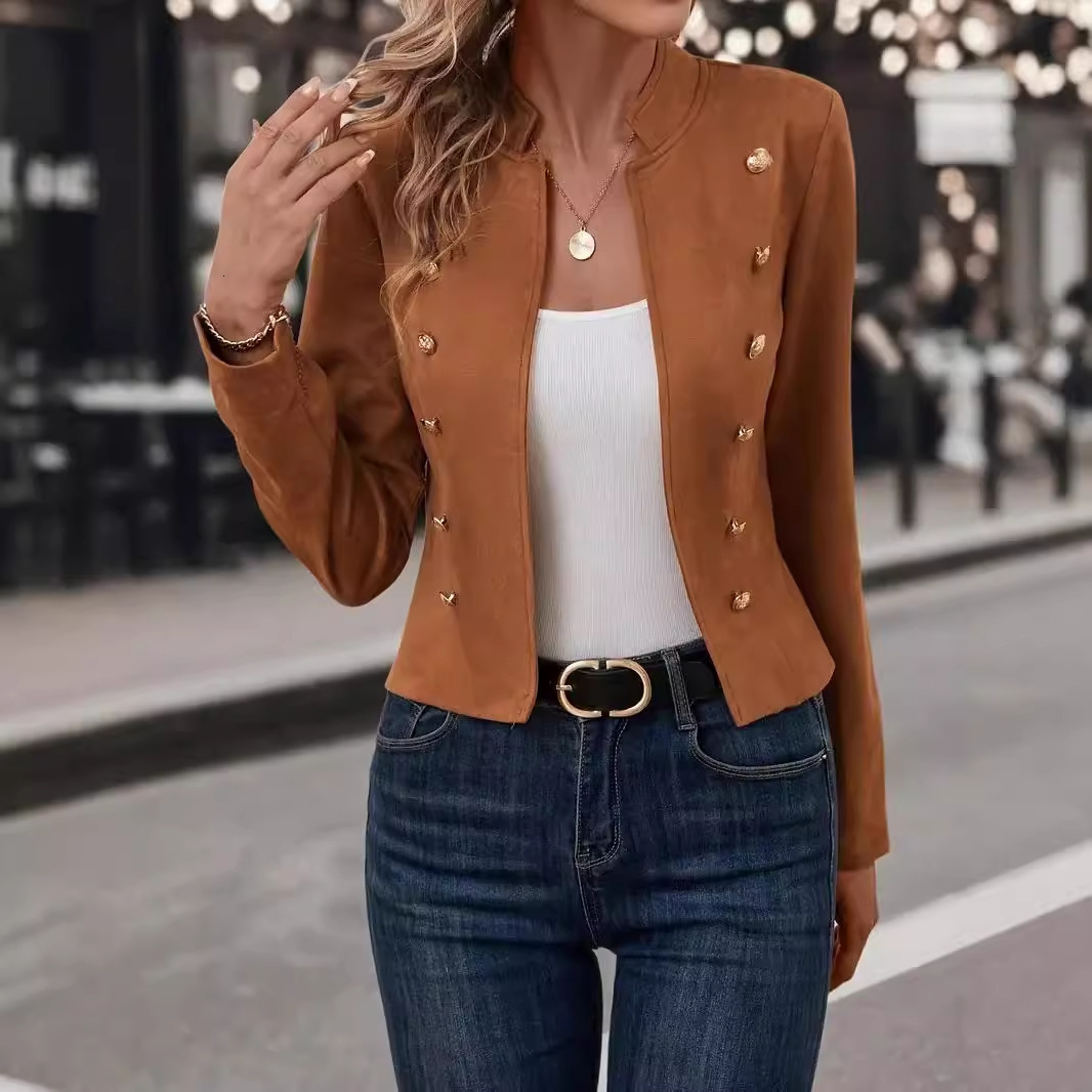 2024 winter solid color slimming versatile double breasted small suit jacket for women