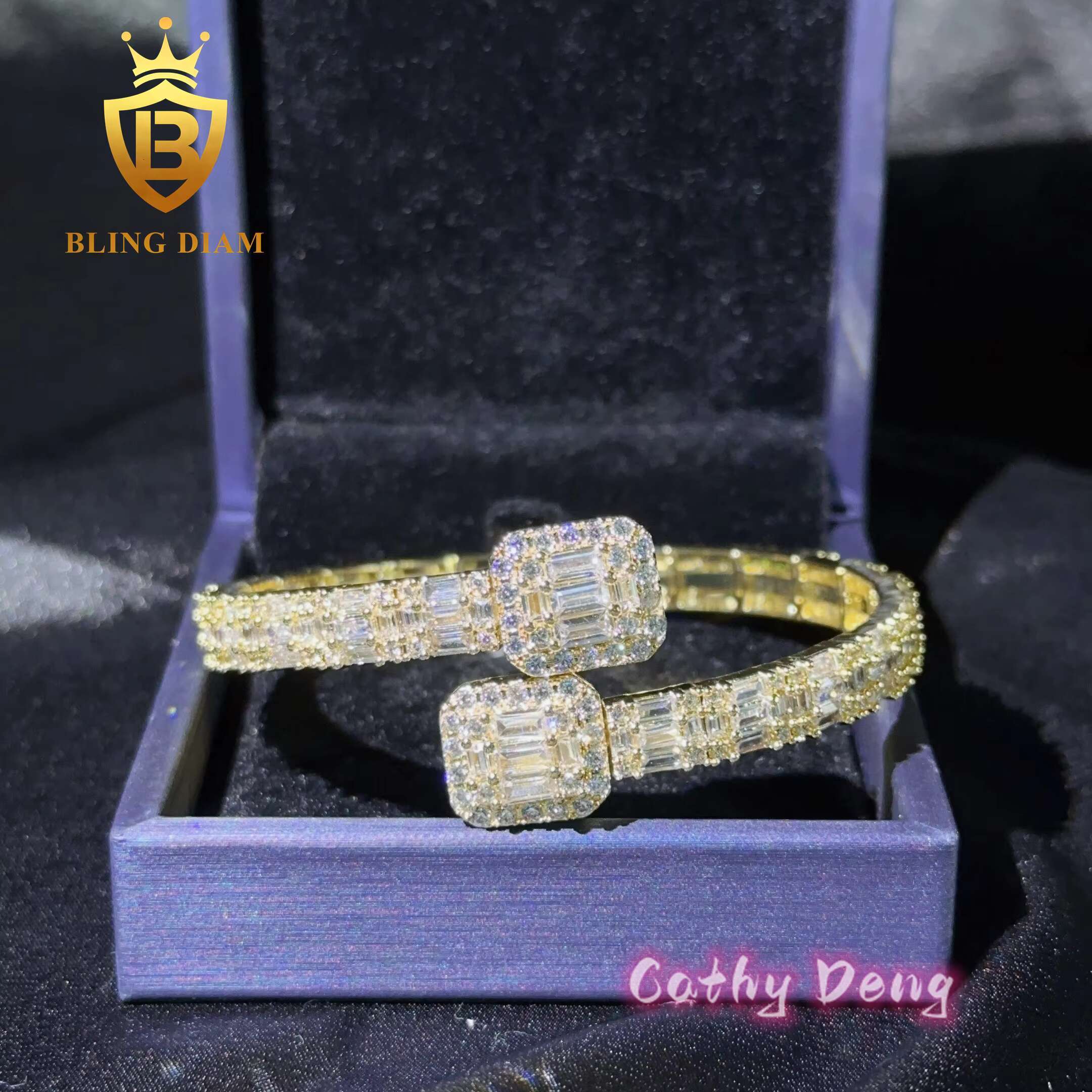 Fashion Cuban Bangle Hip Hop Jewelry Gold Plated Brass Baguette Moissanite Diamond Cuban Link Bracelet Bangles