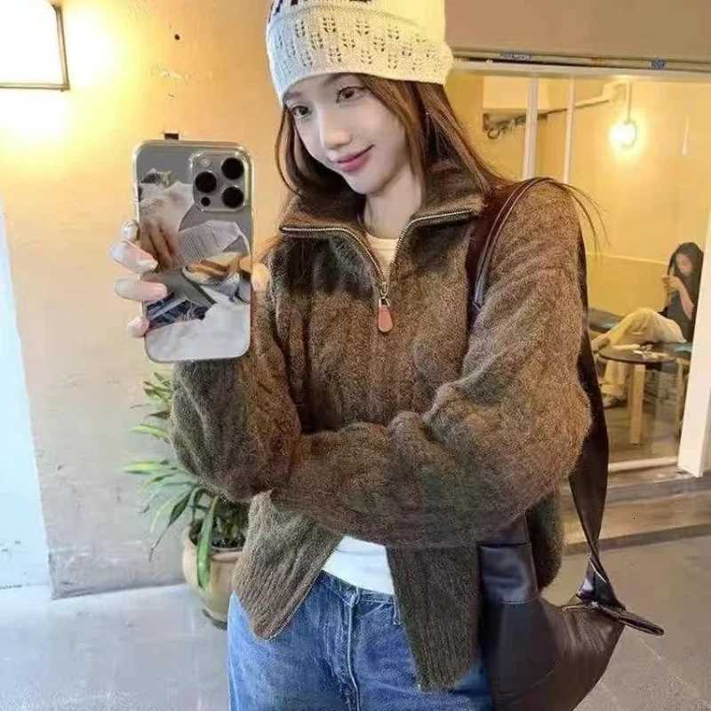 NEW Autumn Winter Womens Long Sleeve Elegant Sweater Knitted Top Cardigan Double Zipper Casual Chic Fashion Warm OuterwearT251125