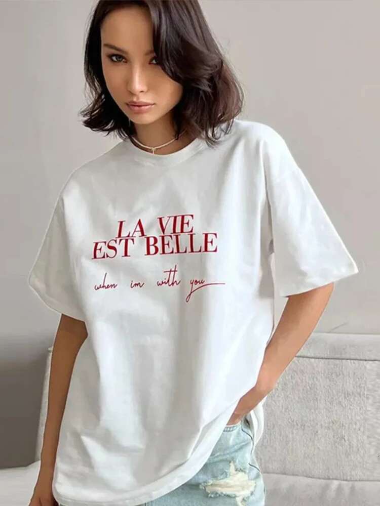Chic Heart Letter Printed Cotton T-Shirts Women Loose O-Neck Half Sleeve Oversize Female Tee 2025 Summer Fashion Lady Outwears