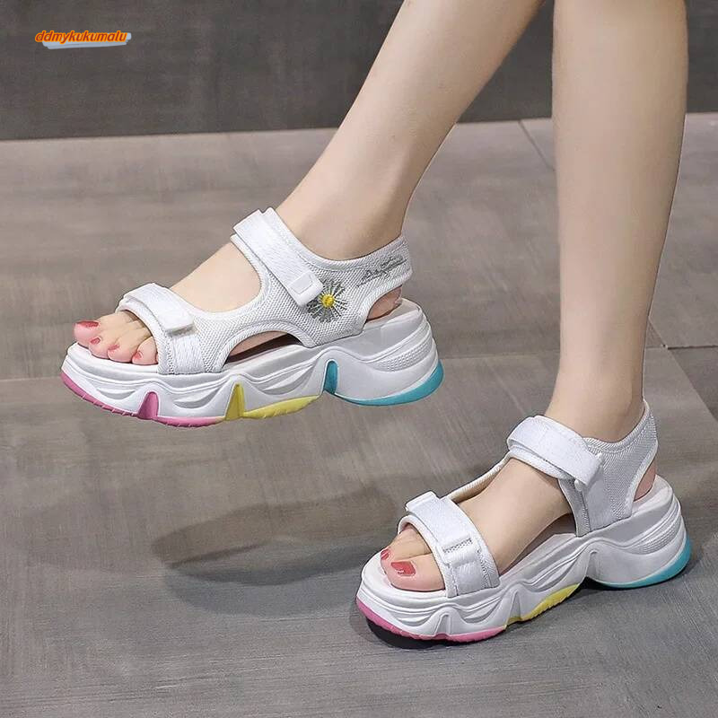 Summer 2022 Rubber Flat Bottom Sandals round Toe Magic Tape Slip-On Small Fragrance Style Ladies Casual Shoes ddmykukumalu