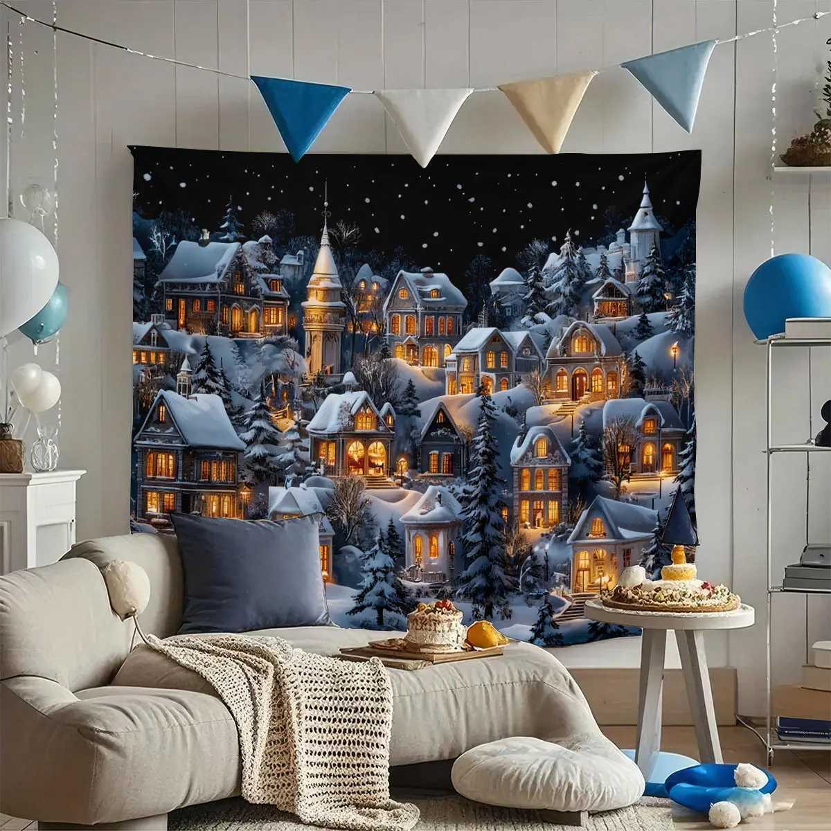 1pc Christmas Eve Snowscape Town Print Tapestry Living Room Wall Decoration Background Cloth Machine Washable Space PendantM251125