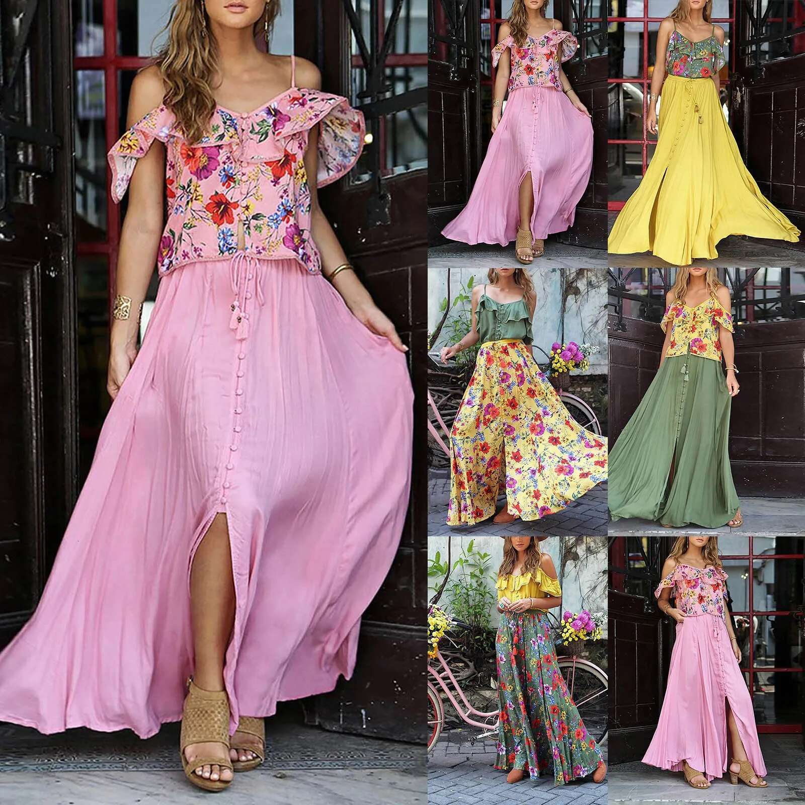 Dongdumaoyi Womens Bohemian Dress Beach Vacation Summer Vintage Style Two Piece Set With Large Hem Pleated Floral Print Vestidos