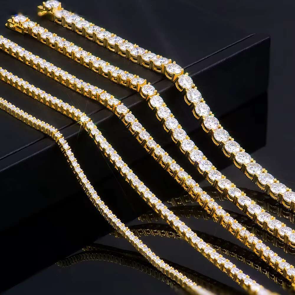 High Quality Yellow Gold Plated Bracelet 2mm -6mm Silver 925 VVS1 Moissanite Round Shape Tennis Chain Bracelet