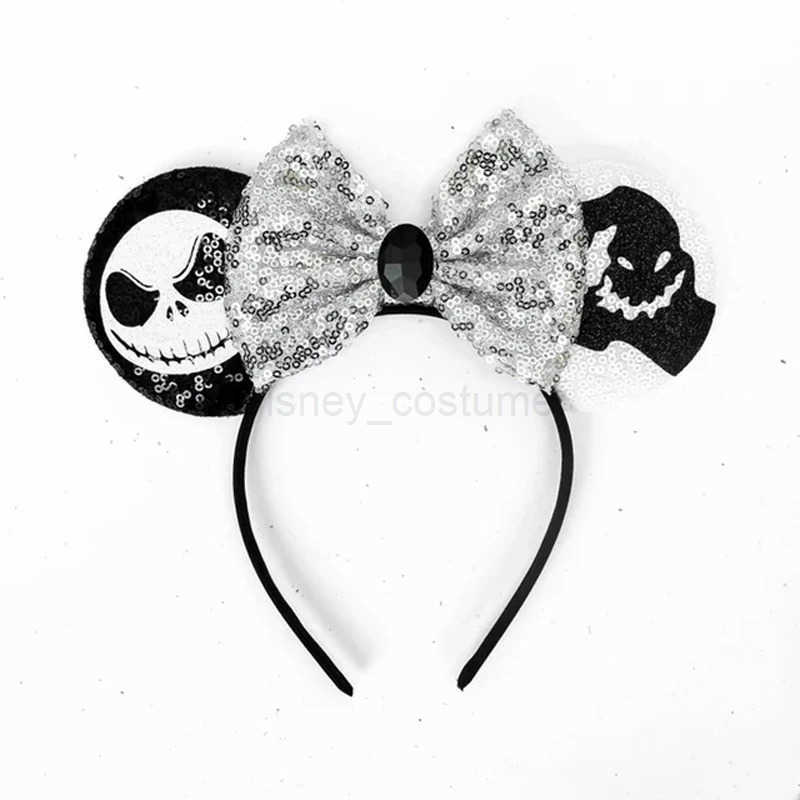 Disney 2024 Mickey Mouse Ear Headband Childrens Role Play Skull Hair Female Carnival Ghost Hair Accessories Girls Shining Bow Headband X250425