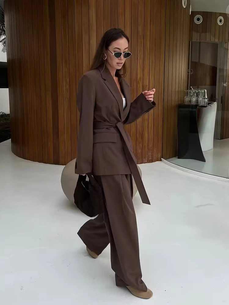 PB ZA 2025 Womens Brown Set with Belt Jacket and High Waist Wide Leg Mens Style Unique Appearance 250414Z