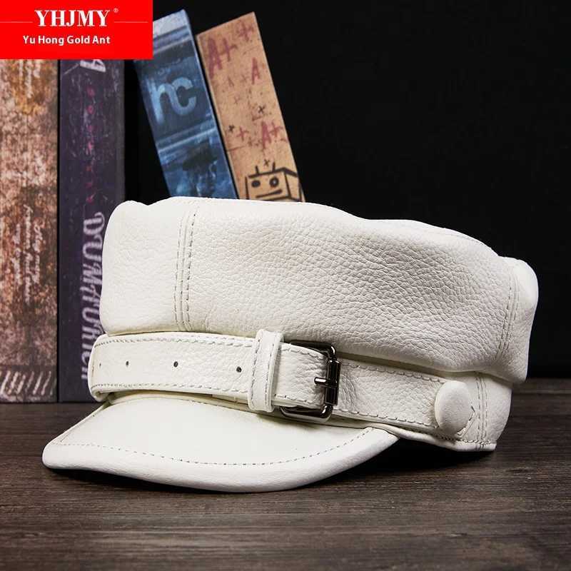 Mens Genuine Leather Hat Autumn Winter Cowhide Retro Duckbill Cap Trendy Middle-Aged Youth Flat Top Biker Hat Unisex Beret J251125