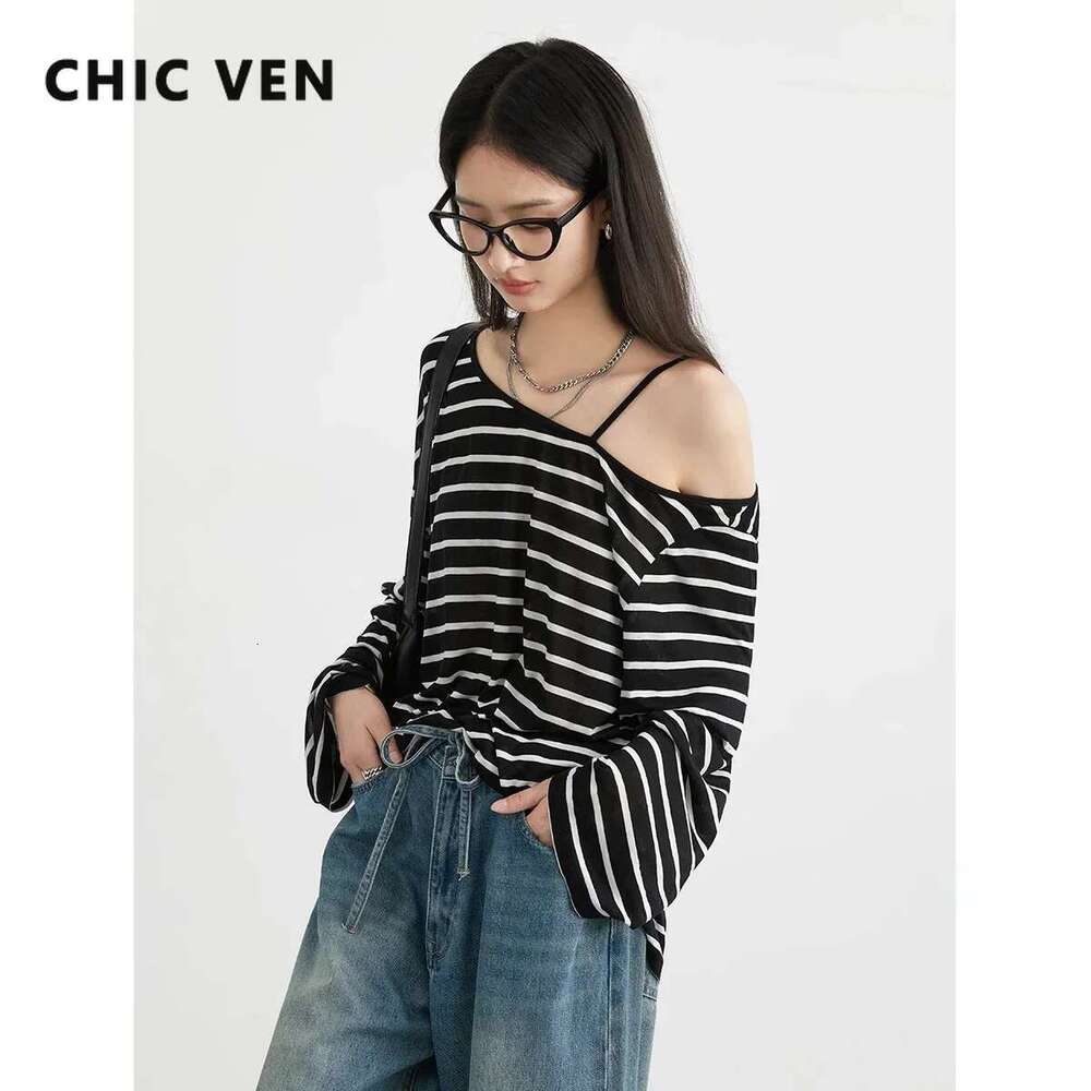 CHIC VEN Women Sweaters New Striped Knitted T-Shirt U Collar Long Sleeve Hoodie Top Autumn 2024
