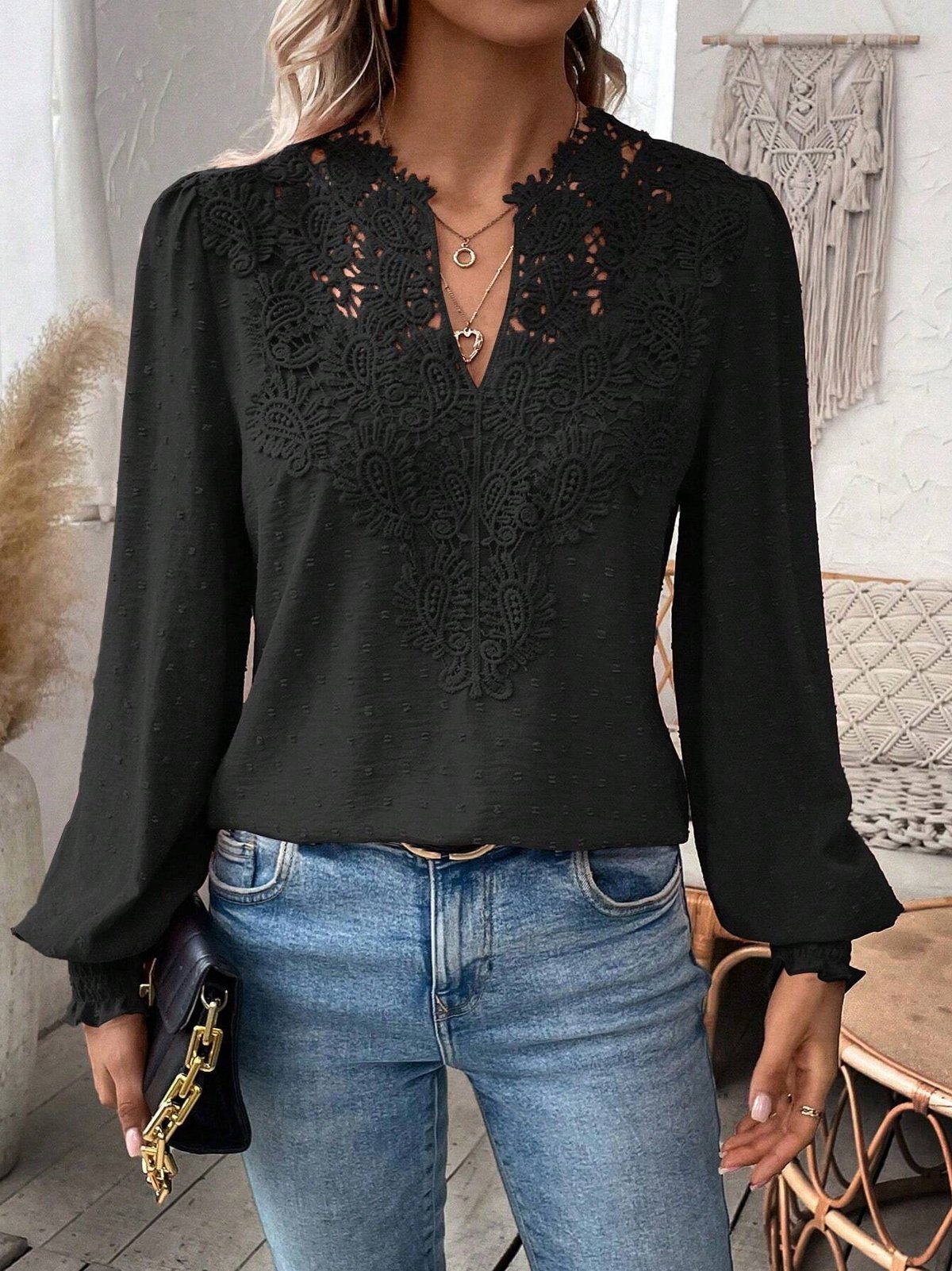 2024 Autumn V-neck Lace Splicing Solid Color Shirt Womens Shirt