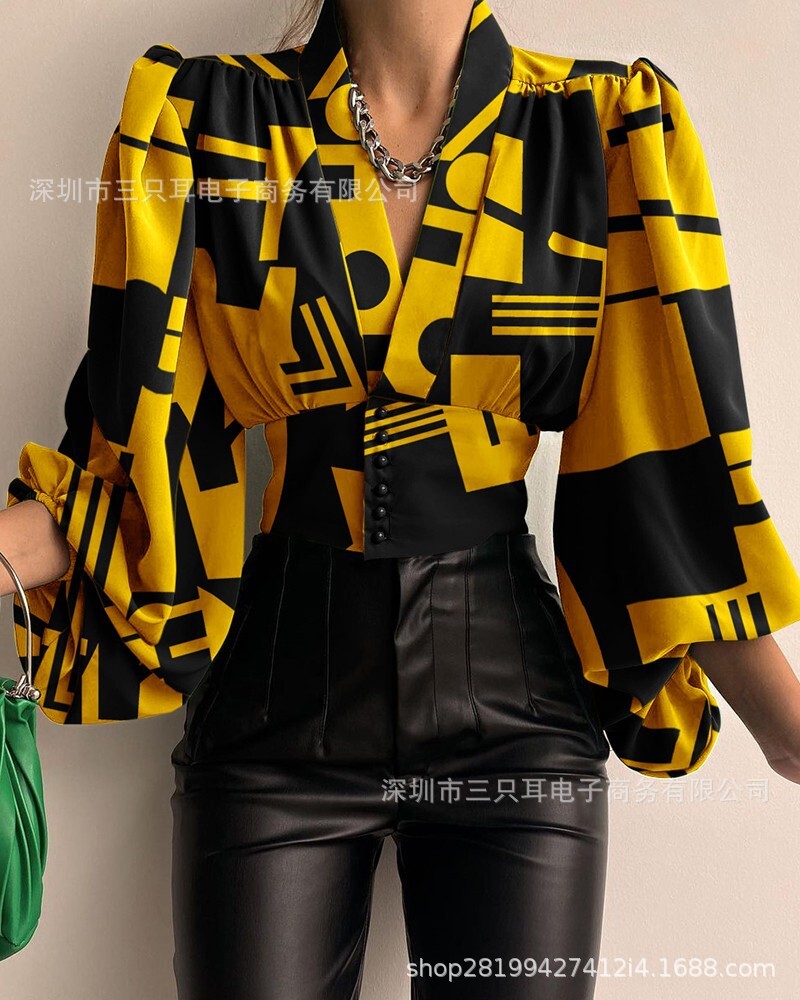 Spring 2021 new style button V-neck Lantern Sleeve Top Shirt