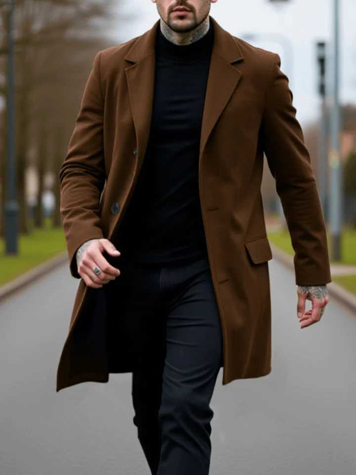 Single-Breasted Wool Blend Coat for Autumn/Winter Thickened Windproof Stand Collar Trench Style Casual Business Warm OuterwearT251125