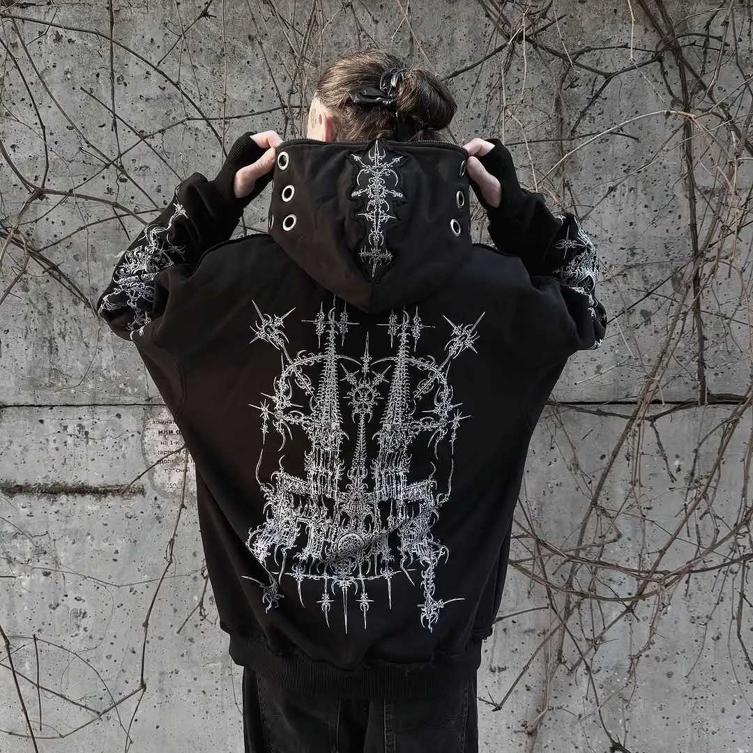 American Hot Black Gothic Line Pattern 3D Hollow Design Black Hoodie Mens Loose Street Hip Hop Trendy Clothing w250425
