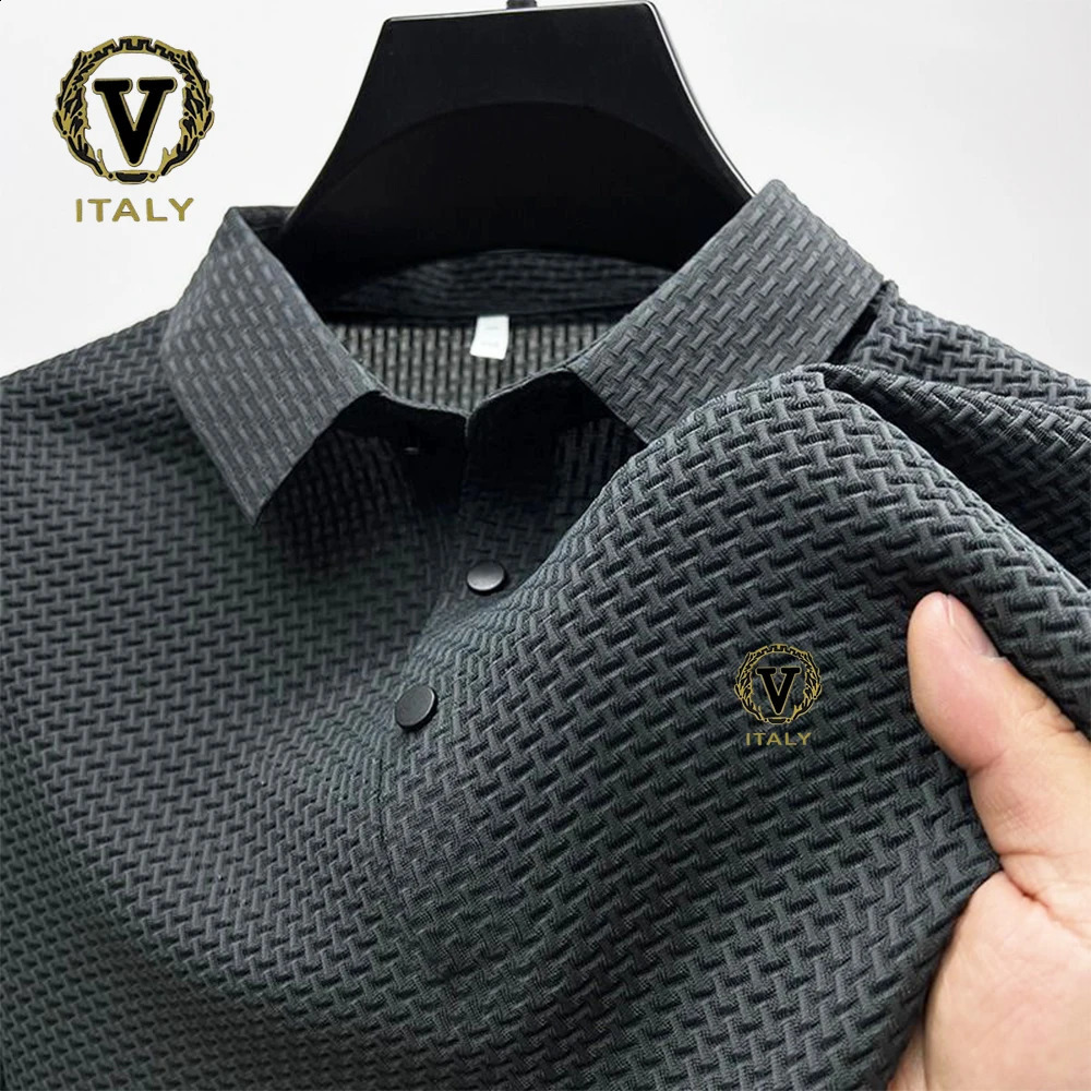 Fashionable printed ice silk elastic polo shirt summer breathable mens business short sleeved top 250422