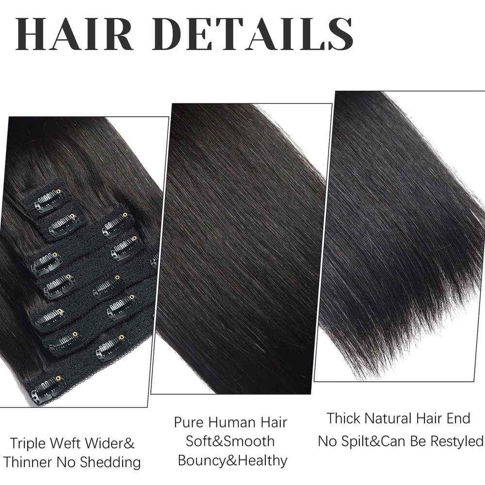 Straight Human Clip In Extensions 100% Unprocessed Full Head Brazilian Virgin Hair Natural Black Color 8Pcs With 120G