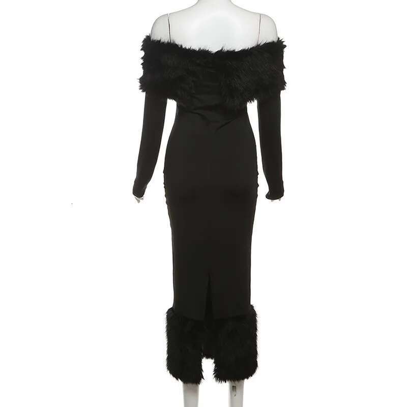 Dongdumaoyi Townlike Midi Long Slim Bodycon Dress Women Off Shoulder Autumn Winter Fur Collar Nightclub Sexy Party Dresses