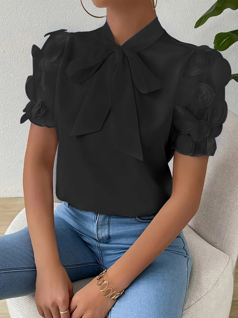 2025 New Summer Commuter Solid Color Simple Strap Bow Short Sleeve Shirt for Women
