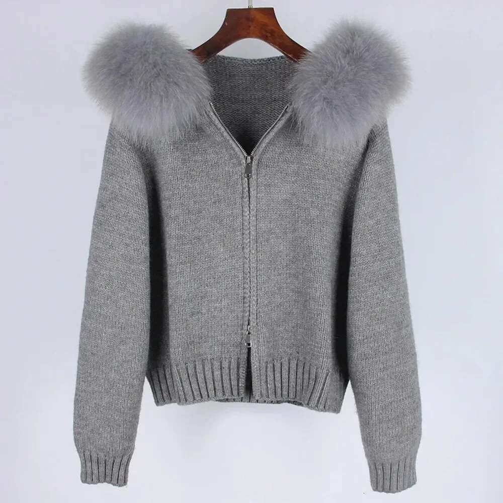 2024 Autumn Winter Casual Hooded Real Fox Collar Fashion Short Knitted Jacket With Natural Fur Coat For Women