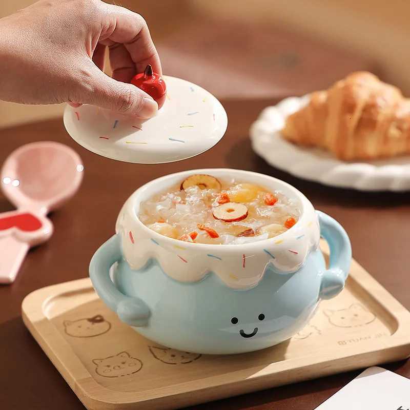 Exquisite Household Stew Pot High Aesthetic Ceramic Bowl With Lid Steaming Egg Bowl Double Ear Small Bowl Underglaze Color Bowl Y251125
