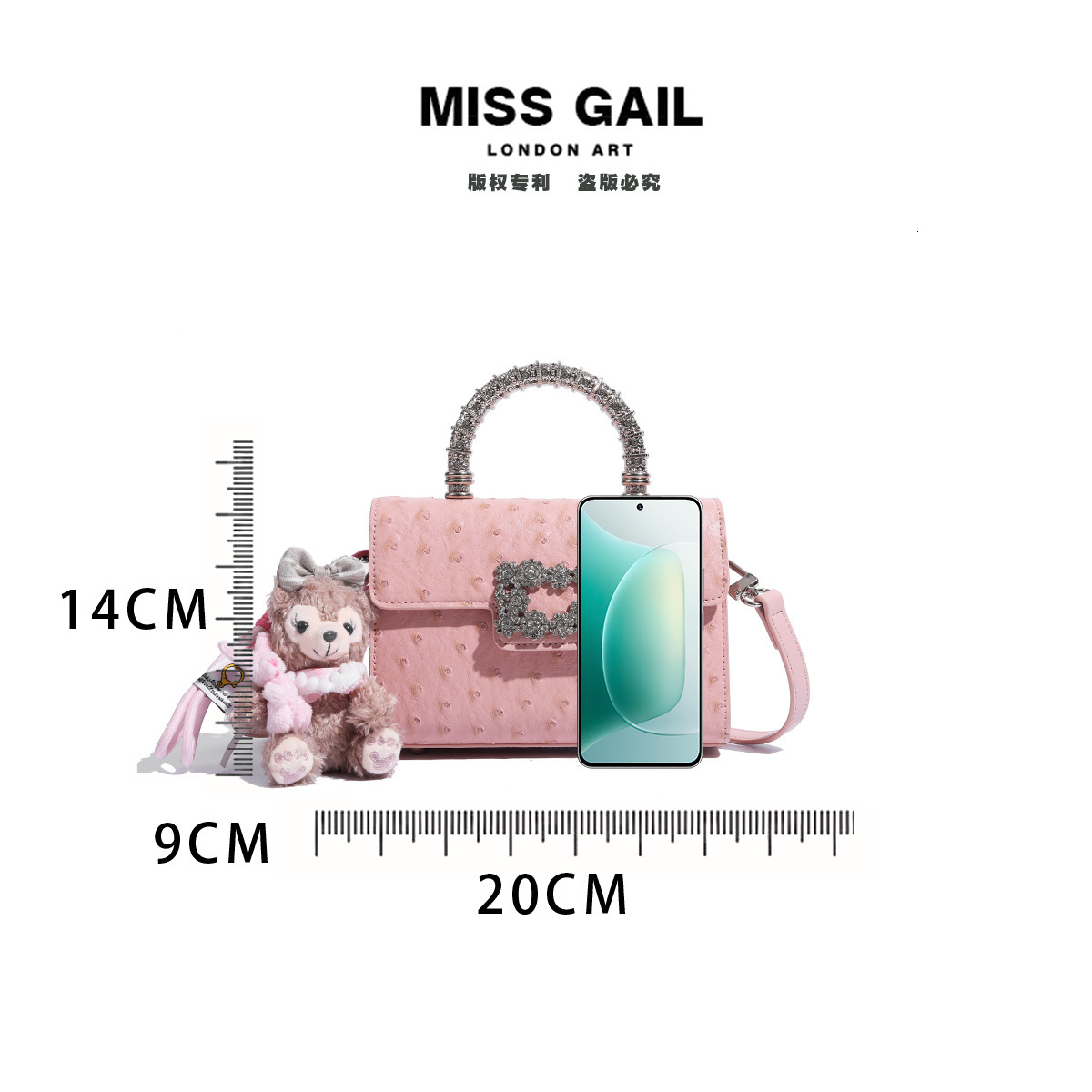 Ostrich Pattern Small Square Bag for Women's Fashionable Luxury Pink Cartoon Pendant Handbag Single Shoulder Crossbody Bag