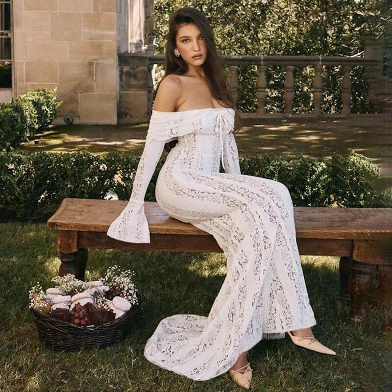 Dongdumaoyi Townlike Elegant Mermaid White Lace Dress Women Off Shoulder Autumn Winter Slim Bodycon Maxi Long Sexy Party Dresses
