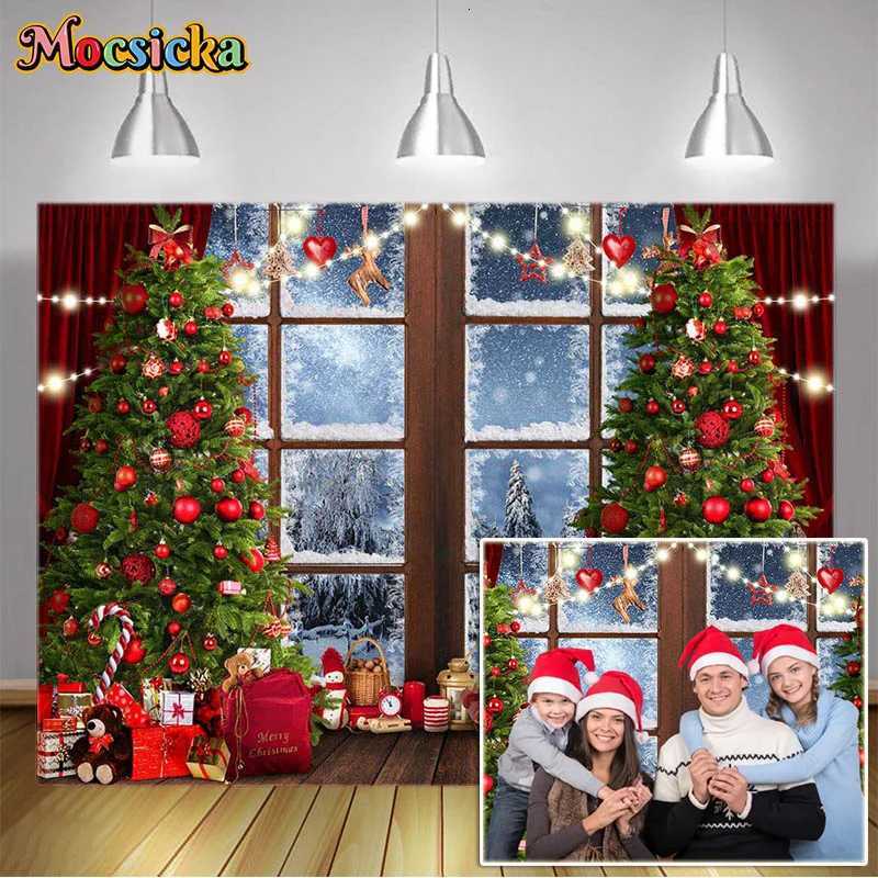 Christmas Backdrop Xmas Tree Santa Claus Window View Photo Background for Christmas and Happy New Year Eve Celebration BannerM251125