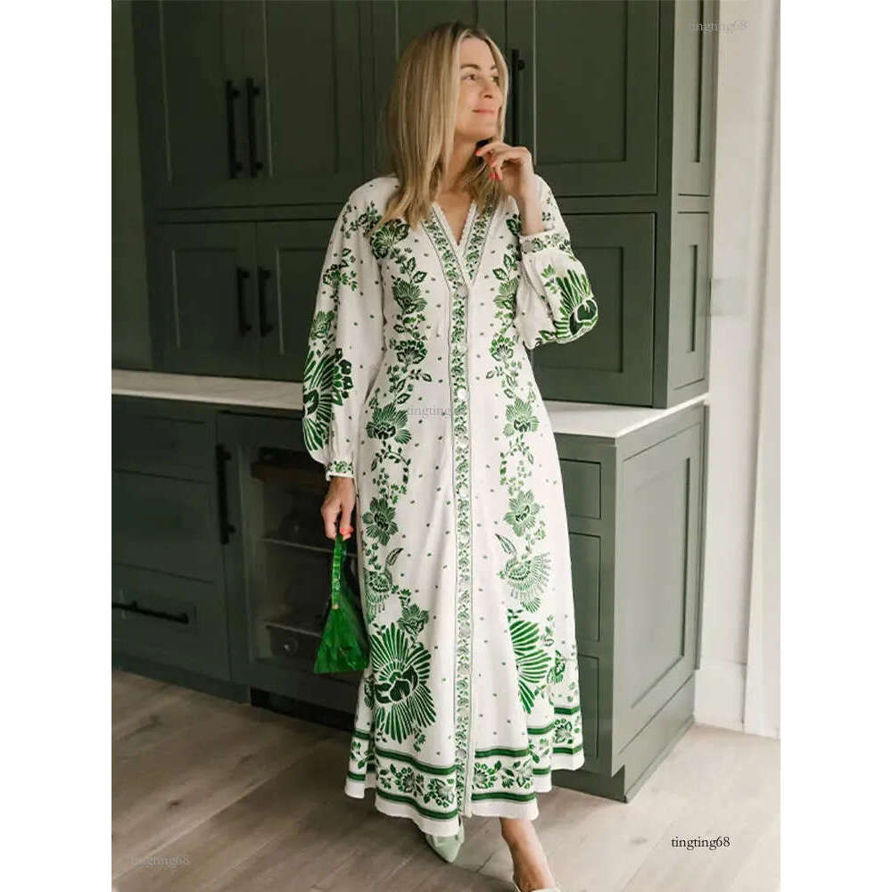 Fashion Green Print Single Breast Maxi Dress Women Elegant Lapel Long Lantern Sleeves Long Robes 2024 Beach Vocation Vestido 240701