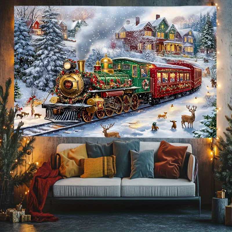 VIKAMA Christmas Snow Scene Train Tapestry Living Room Sofa Backdrop Wall Home Decor Christmas Party Room DecorationM251125
