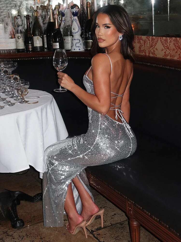 Dongdumaoyi Townlike Sequin Nightclub Sexy Party Dress Women Spaghetti Strap Spring Summer Slim Bodycon Maxi Long Dresses