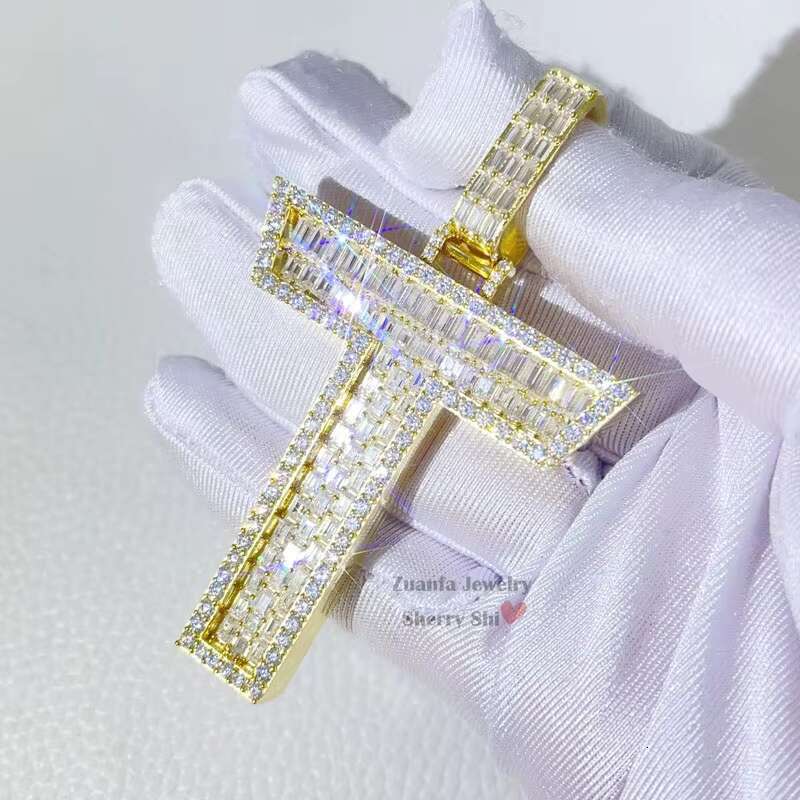 Yellow Gold Baguette Cut Letter Pendant Custom Name Chain VVS Moissanite Diamond Initial Necklace