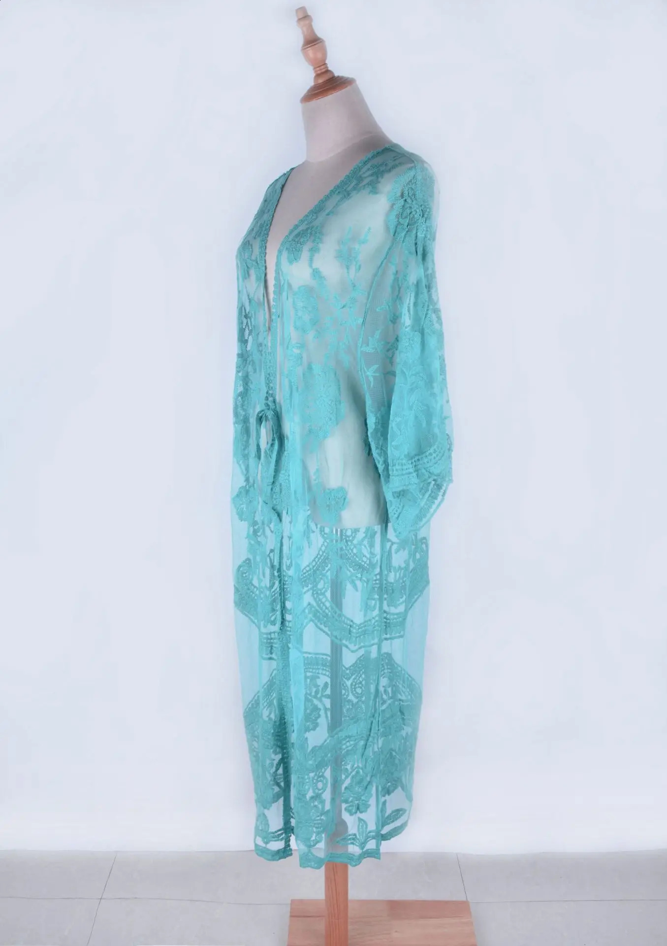 Womens loose swimsuit kimono open collar lace crochet floral top 250422