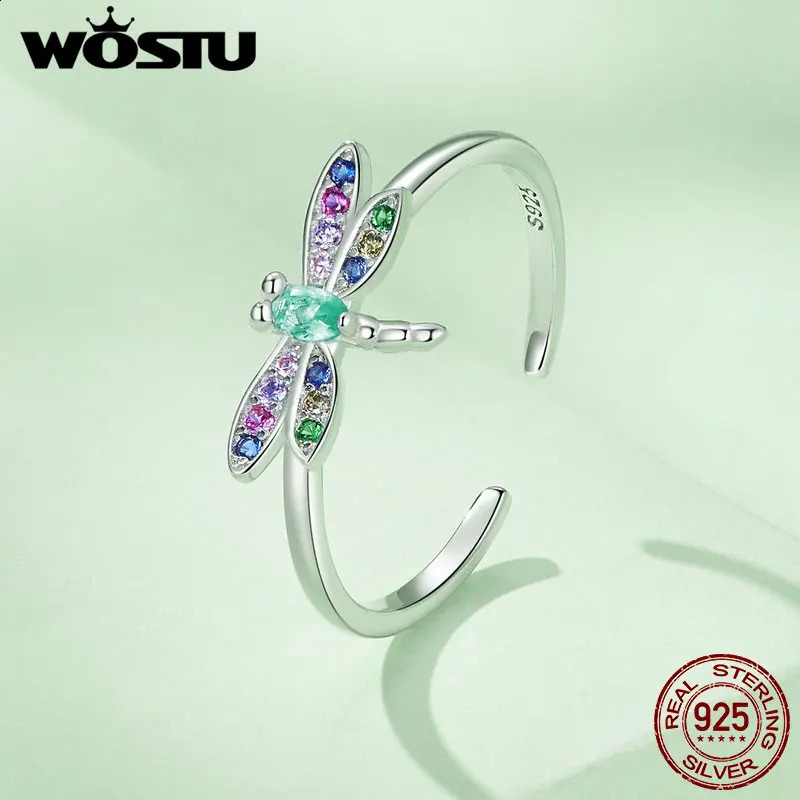 WOSTU 925 Sterling Silver Spring Jewelry Dragonfly Multi Color CZ Open Rings Women Butterfly Enamel Ring Birthday Party Gift 250425