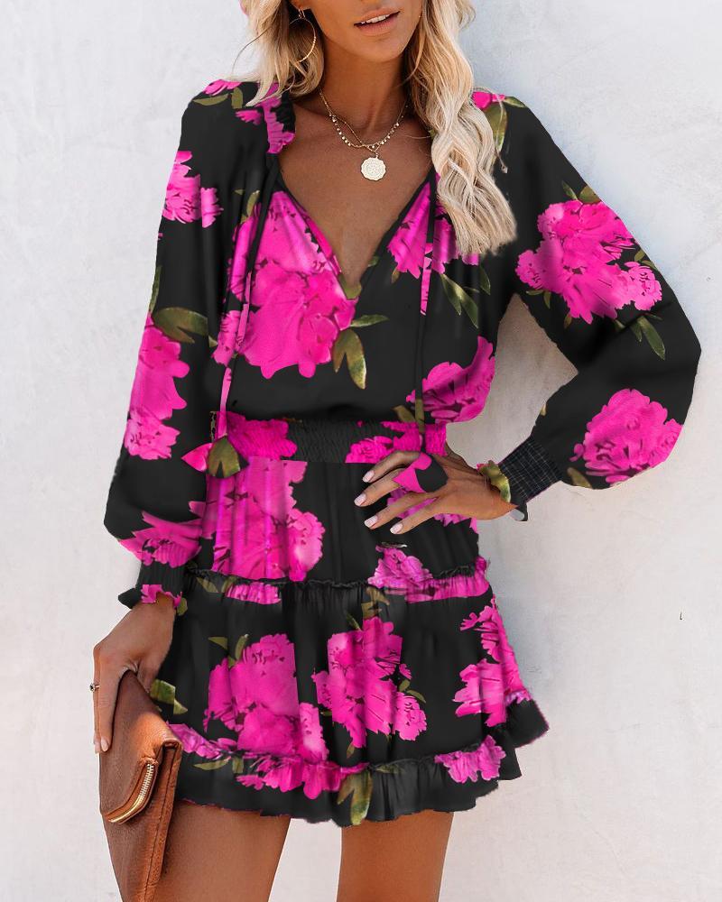 2023 Spring/Summer Long Sleeve V-neck Fashion Printed Waist Dress for Women