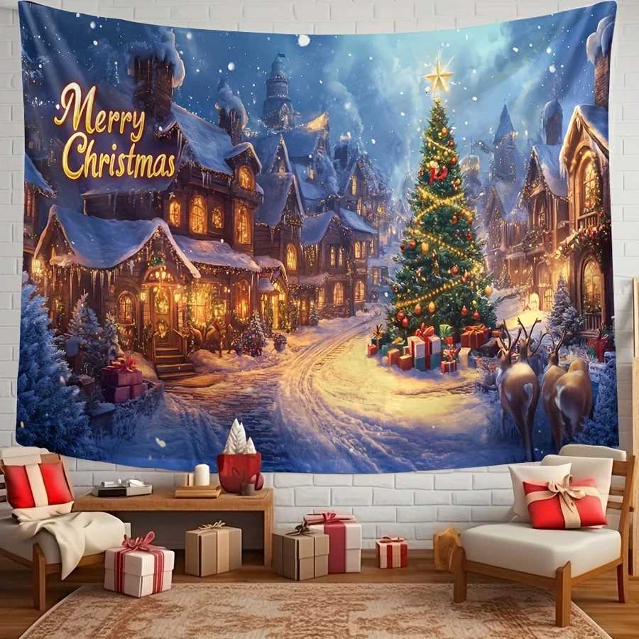 2D Flat 1pc Christmas Winter Snow Village Tapestry Wall Hanging - Polyester Fabric No Electricity Needed with Merry Christmas LM251125