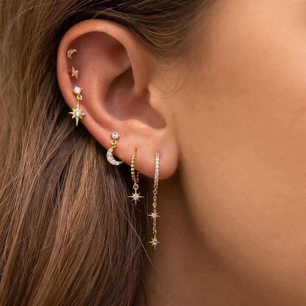 Moon Chain tassel Hexagram Star Personalized Fashion Zircon Earnail Set Women's Eardrops Earrings