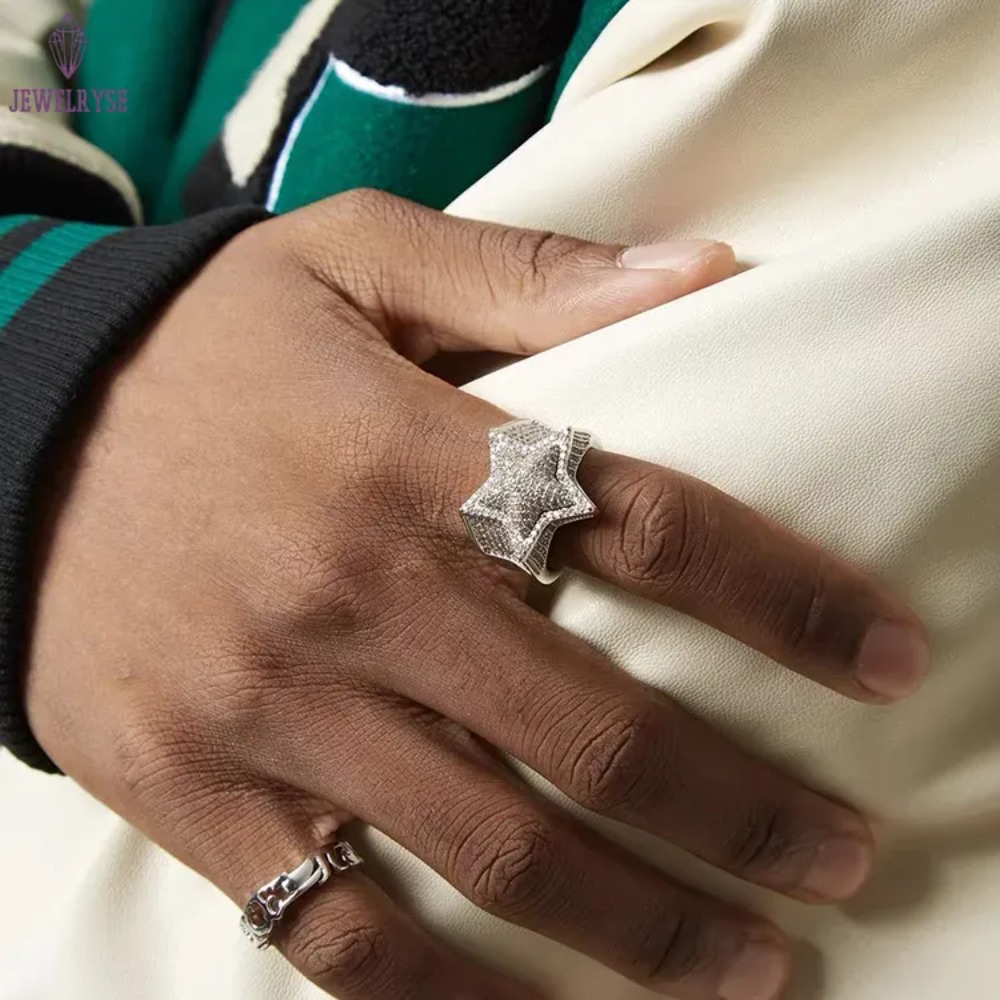 Customized fashion sterg sier star shape VVS moissanite dia ring top quality for Hip hop Mens life